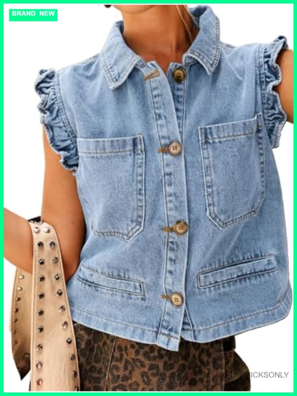 Sleeveless Denim Vest Ruffle Cuffed Cropped Jacket Layering Top